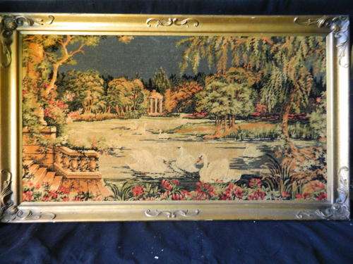 VERY OLD swans on a pond hand woven carpet ????  in old frame - STUNNING