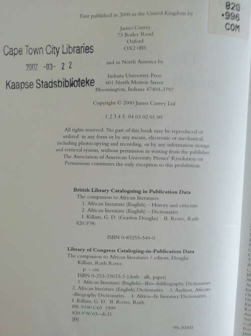 The Companion to African Literatures Killam, G.D., Rowe, Ruth