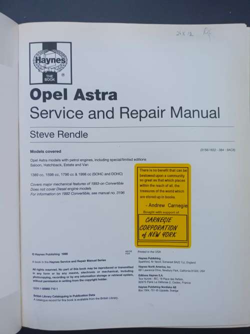 OPEL ASTRA petrol Oct 1991 to Feb 1998 / Haynes