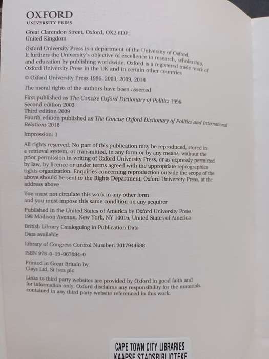 The Concise Oxford Dictionary Of Politics / McLean, Iain & McMillan, Alistair