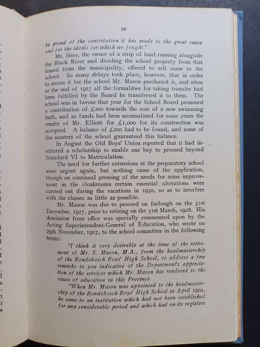 THE HISTORY OF THE RONDEBOSCH BOYS HIGH SCHOOL 1897-1947 /  D.E. CORNELL (Signed)