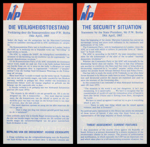 National Party. 1985 Propaganda pamphlet. A4, foded in 3. English one side, Afrikaans on the other.