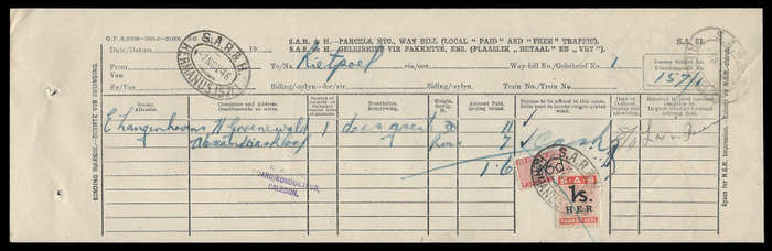 1946. South African Railways Issue 8 and Issue 9 combination on waybill (Hermanus). Scarce.