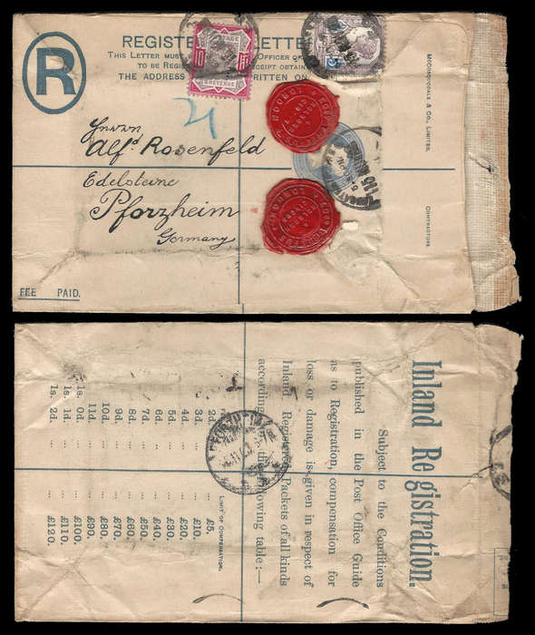 Great Britain.  Queen Victoria uprated registered cover to Germany.