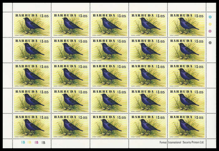 Barbuda. 1976 Birds. Scott 238/43. Complete set of 6 in complete sheets of 25.  Cat.value R3 700-00.