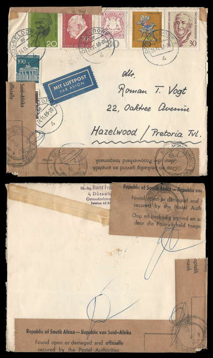 Republic of South Africa. 1969 Cover from Germany to Pretoria Found Opened or Damaged.