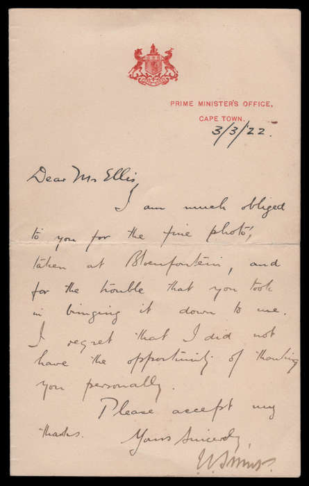 Personal letter signed by Jan Smuts during 1922.