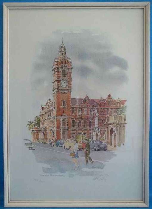 Paul Wiles Signed Print, City Hall, Pietermaritzburg - 44cm/32cm (Framed Behind Glass)