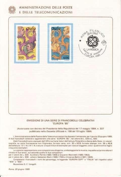 Italy - June 1985  Europa MNH set + FDC +info card! Excellent condition