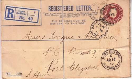 1912 Registered letter from England to South Africa