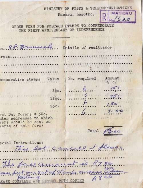 Lesotho Stamps order form - Fold crease in the middle