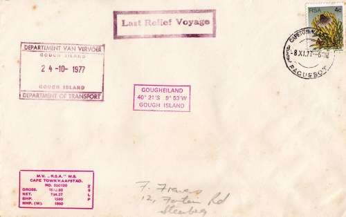 RSA - Posted at sea - M.V. RSA -  Last Relief Voyage - Stamped by the Department of Transport.