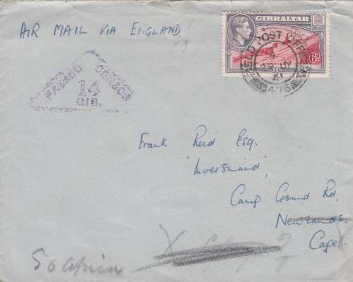 Gibraltar - 1941 - Air Mail via England - Opened by sensor - Cover to South Africa