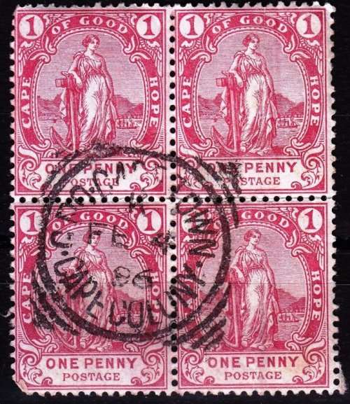 Cape of Good Hope,Block of 4 stamps,Crisp Cape Colony cancellation,1896,Creased