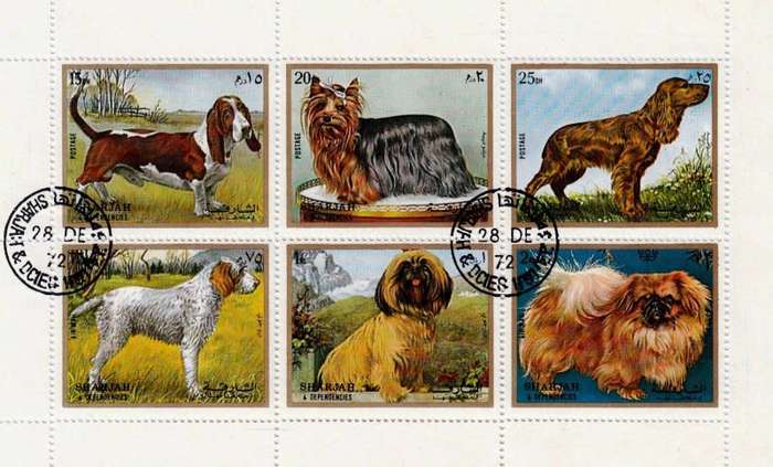 Oman,Sharjah,1972,MNH,Sheet of 6 stamps,Dogs on stamps,CTO