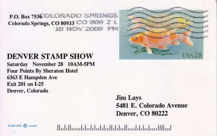 USA ,Denver Stamp Show invite,2009,Stunning fish imprinted stamp!
