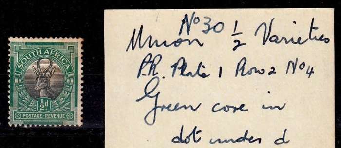 Union of South Africa, Scott #23,1926,Variety,Green core in dot under d