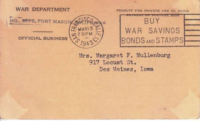 United States,US War Dept., 4 X Official Letters,1943, WWII