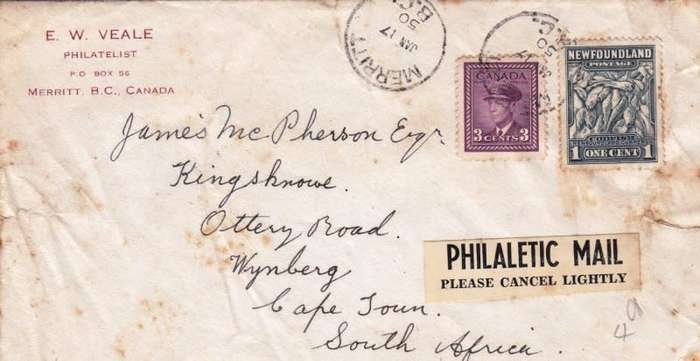 Canada,Newfoundland,1950,Registered cover to South Africa