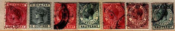 Great Britain,Gibraltar,Scott #11,29 MH,51,66,67,78a,MR1,starting 1886,VFU,CV$12.00