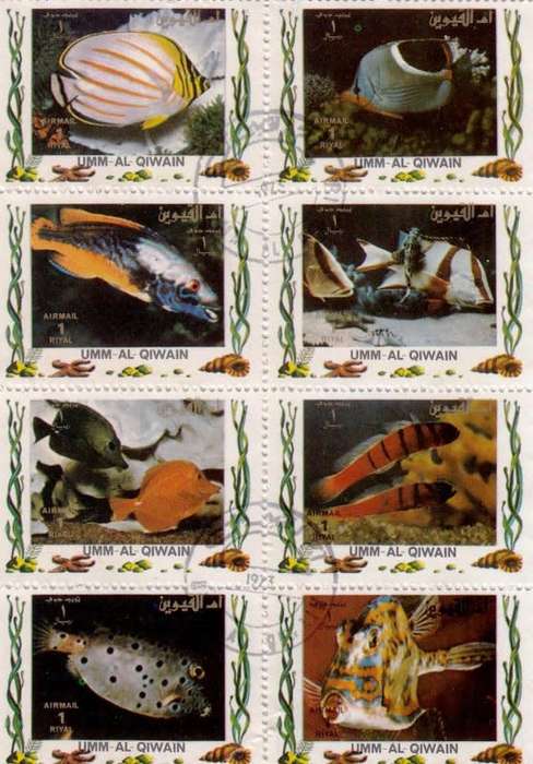 Oman,Sharjah,1972,MNH,Sheet of 8 stamps,Fish on stamps,CTO
