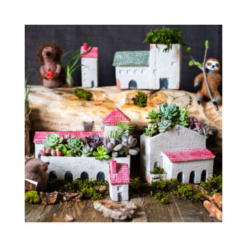 Holy Island Cement House Set of Five Flower Pots and Ornaments