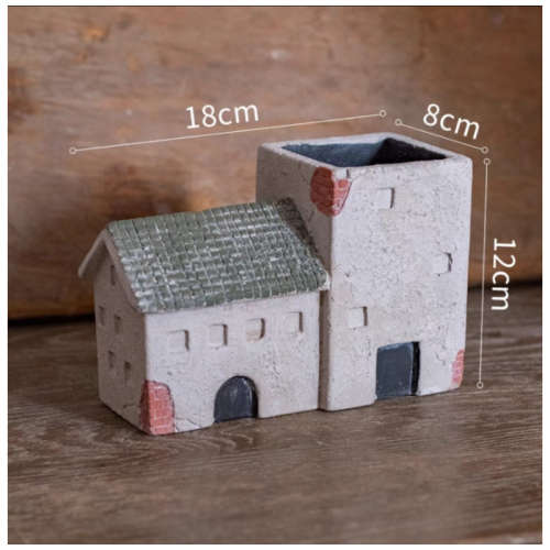 Holy Island Cottage Cement House Set of Four Flower Pots and Ornaments