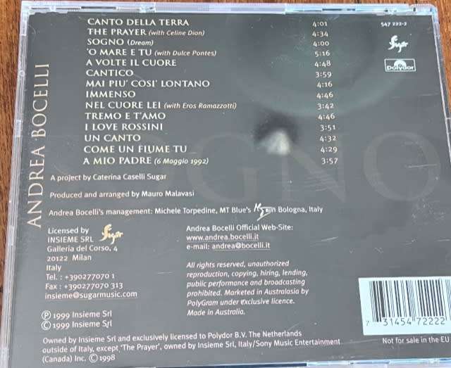 Andrea Bocelli - Sogno (1998, made in Australia) - Polydor 547 222-2