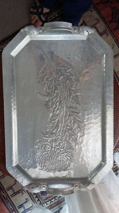 Trade Continental Mark. Hand Wrought Silverlook 755 Hammered Aluminium Tray with Chrysanthemum decor