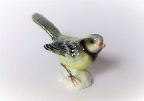 Vintage blue tit titmouse bird gloss figurine H5cm 1960s Germany, excellent