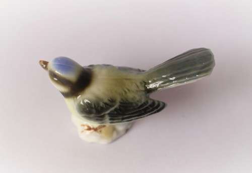 Vintage blue tit titmouse bird gloss figurine H5cm 1960s Germany, excellent
