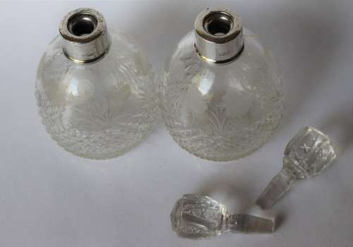 Twin antique perfume bottle cut frosted clear crystal glass solid sterling silver Edwardian England