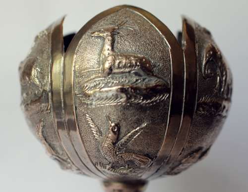 Anglo-Indian repousse pedestal vase weetmeats bowl w animals Lucknow Indian silver India rare