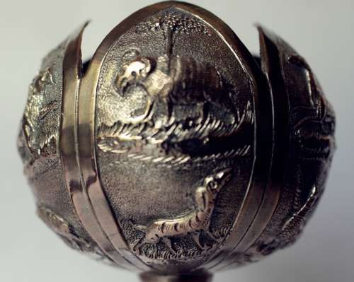 Anglo-Indian repousse pedestal vase weetmeats bowl w animals Lucknow Indian silver India rare