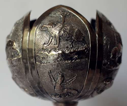 Anglo-Indian repousse pedestal vase weetmeats bowl w animals Lucknow Indian silver India rare