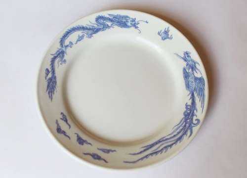 Vintage blue and white Oriental Chinese porcelain dish w dragon and phoenix flaming pearl 1960s