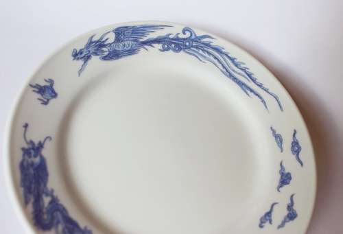 Vintage blue and white Oriental Chinese porcelain dish w dragon and phoenix flaming pearl 1960s