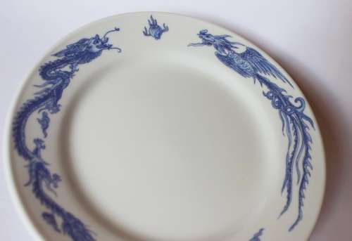 Vintage blue and white Oriental Chinese porcelain dish w dragon and phoenix flaming pearl 1960s