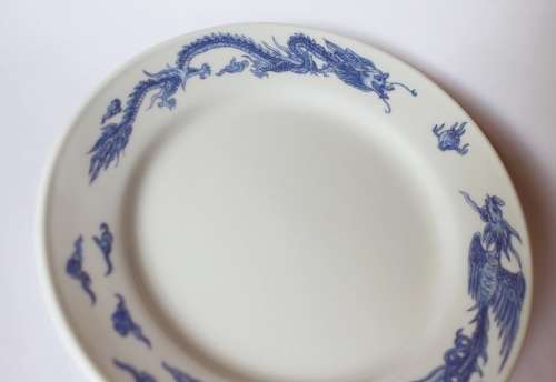 Vintage blue and white Oriental Chinese porcelain dish w dragon and phoenix flaming pearl 1960s