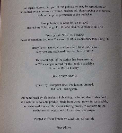 Harry Potter and the Order of Phoenix. First ed. Britain 2003