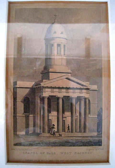 ANTIQUE FRAMED ENGRAVING of 'CHAPEL OF EASE, WEST HACKNEY' - 1827