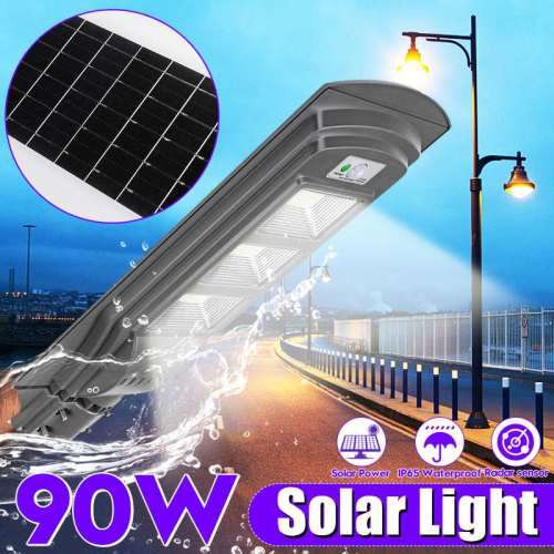 90W LED Solar Power Street Light, PIR Motion Sensor, Waterproof, Night Sensor with Remote