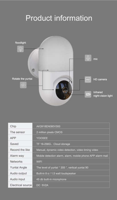5MP Outdoor Surveillance Camera with Light - Wi-Fi - IR Night Vision - Motion Detect - 2 Way Audio