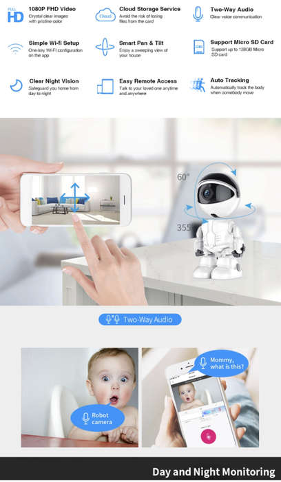 5MP Portable Smart Wifi Robot IP / Nanny Camera - Two Way Audio - HD - Motion Detection