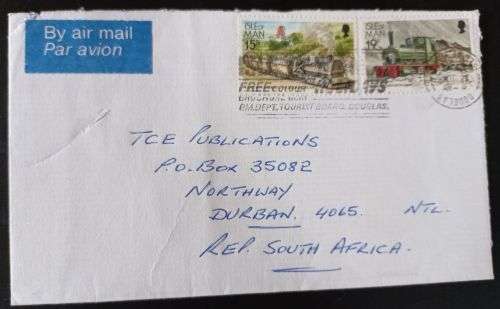Isle of Man 1988 Old Tramcars and Trains 15p and 19p on letter to RSA