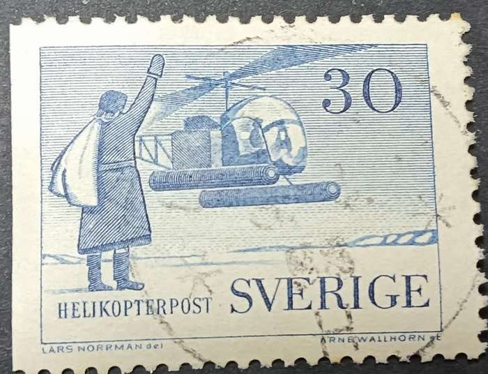 Sweden 1958 Aviation - The 10th Anniversary of Helicopter Mail 30 ore blue No perforation left used