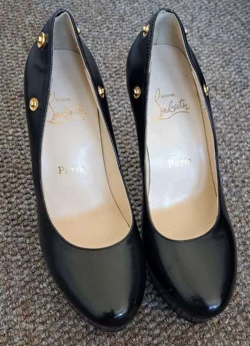 Ladies girls female black high heel shoes red soles gold press stud designer Christian Louboutin