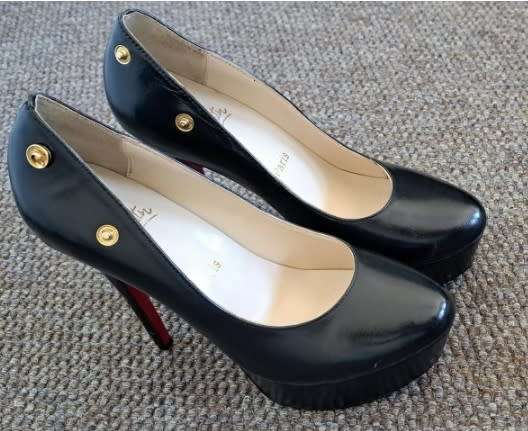 Ladies girls female black high heel shoes red soles gold press stud designer Christian Louboutin