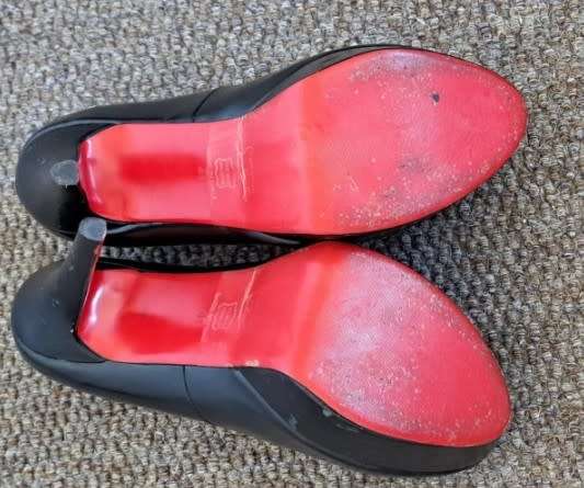 Ladies girls female black high heel shoes red soles gold press stud designer Christian Louboutin
