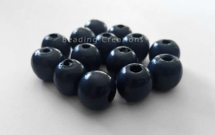 WOODEN BEADS - NATURAL - DARK BLUE - ROUND - 14mm - 8 PCS